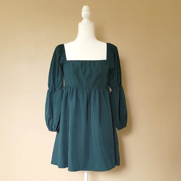 Exlura Green Square Neck Puff Sleeve A-Line Mini Dress - Size Small - Picture 3 of 9